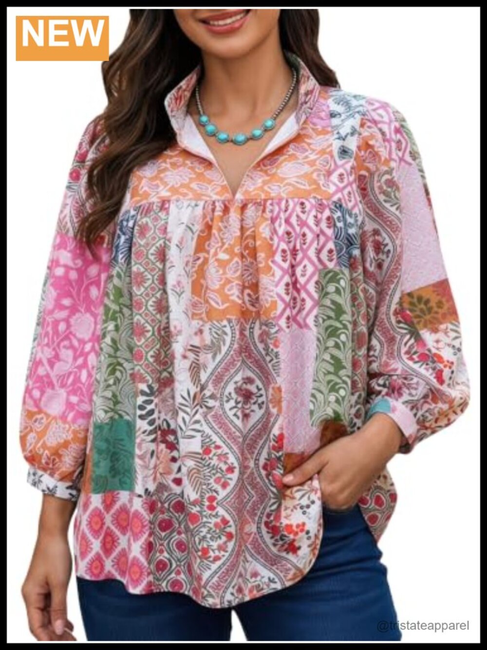 Women's Plus Size Floral Lantern Sleeve Boho Blouse - Cotton Material, 3/4